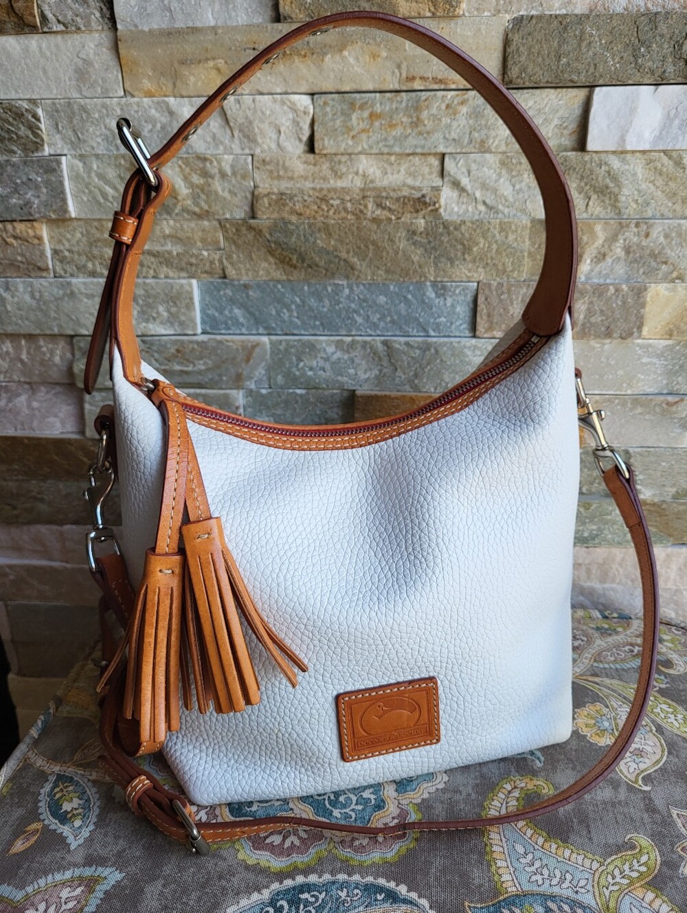 Dooney & Bourke Paige White Pebbled Leather Shoulder Bag with Tan Leather Trim